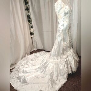 Victorian 80s/90s trumpet long sleeve high neck sequin bead wedding dress